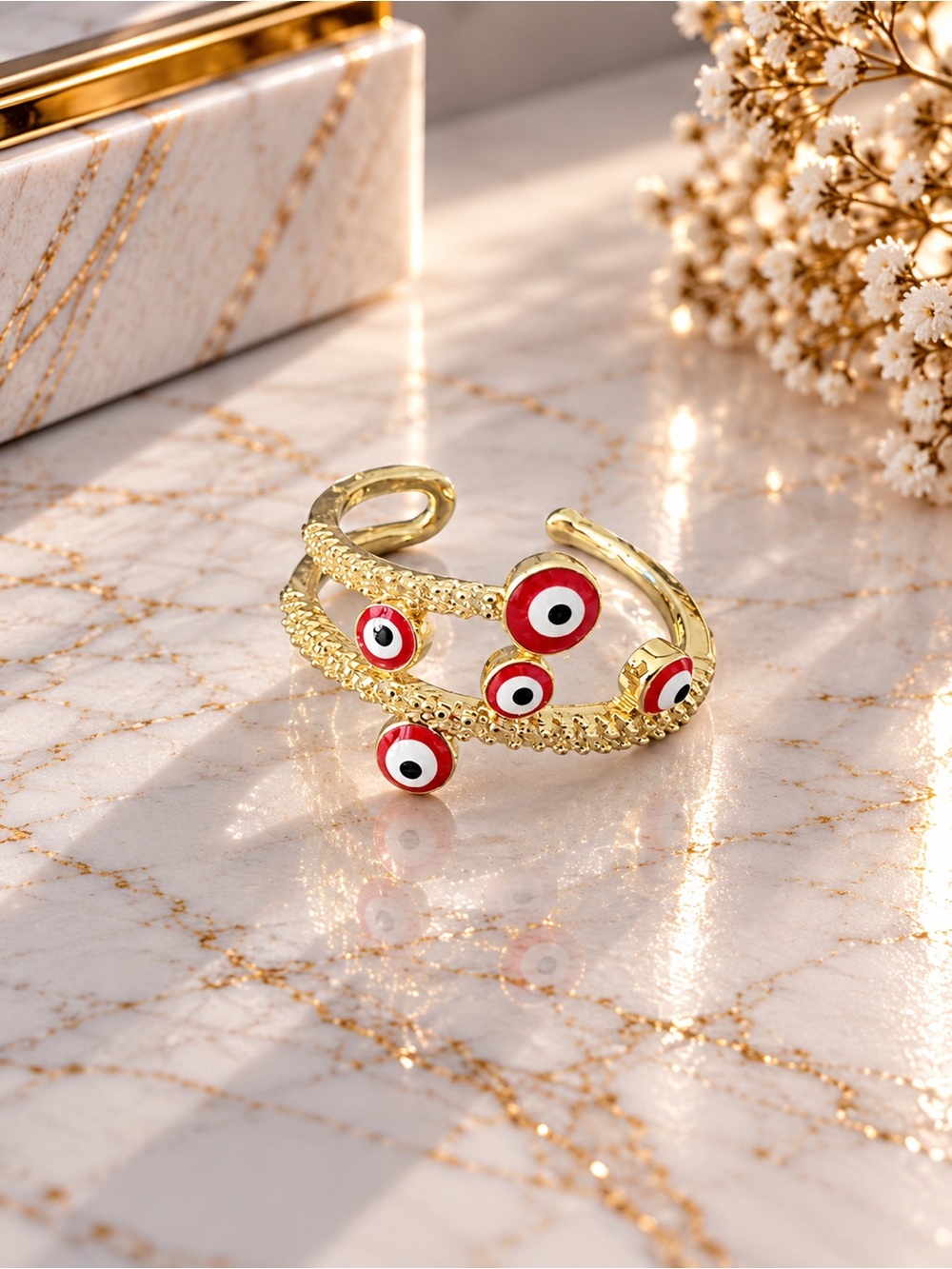 Gold Filled Adjustable Red Evil Eye Open Cuff Ring